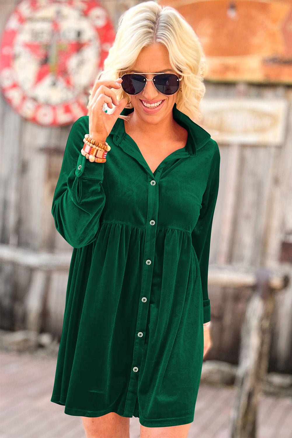 Long Sleeve Ruffle Velvet Button Up Dress | Green