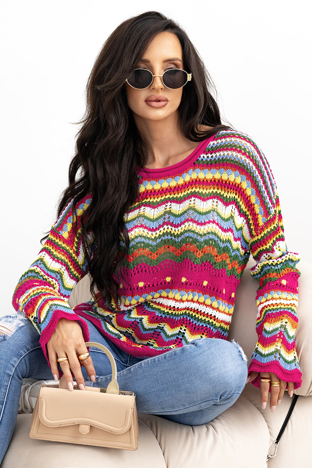 Colourblock Striped Hollowed Knit Loose Sleeve Sweater | Rose Red