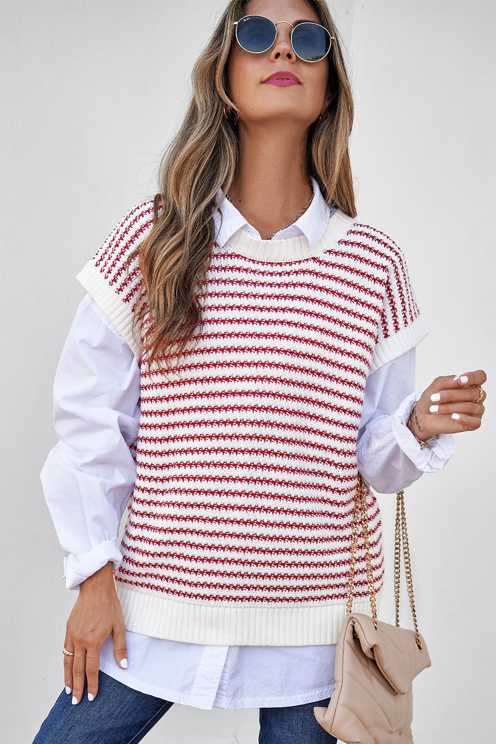 Ribbed Trim Loose Fit Knitted Sweater Vest | Red Stripe