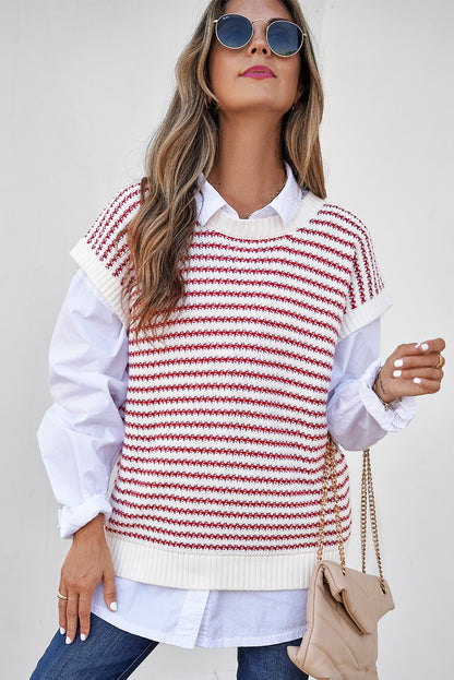 Ribbed Trim Loose Fit Knitted Sweater Vest | Red Stripe