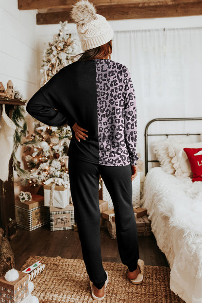 Contrast Leopard Long Sleeve Pullover And Joggers Outfit | Black