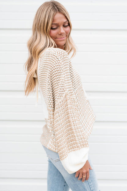 Mixed Pattern Knit Tie Keyhole Drop Shoulder Sweater | Oatmeal