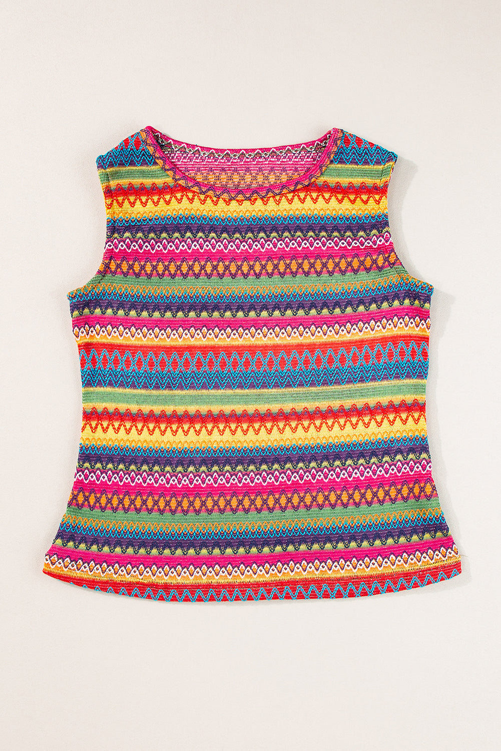 Ethnic Wavy Pattern Round Neck Sleeveless Top | Yellow