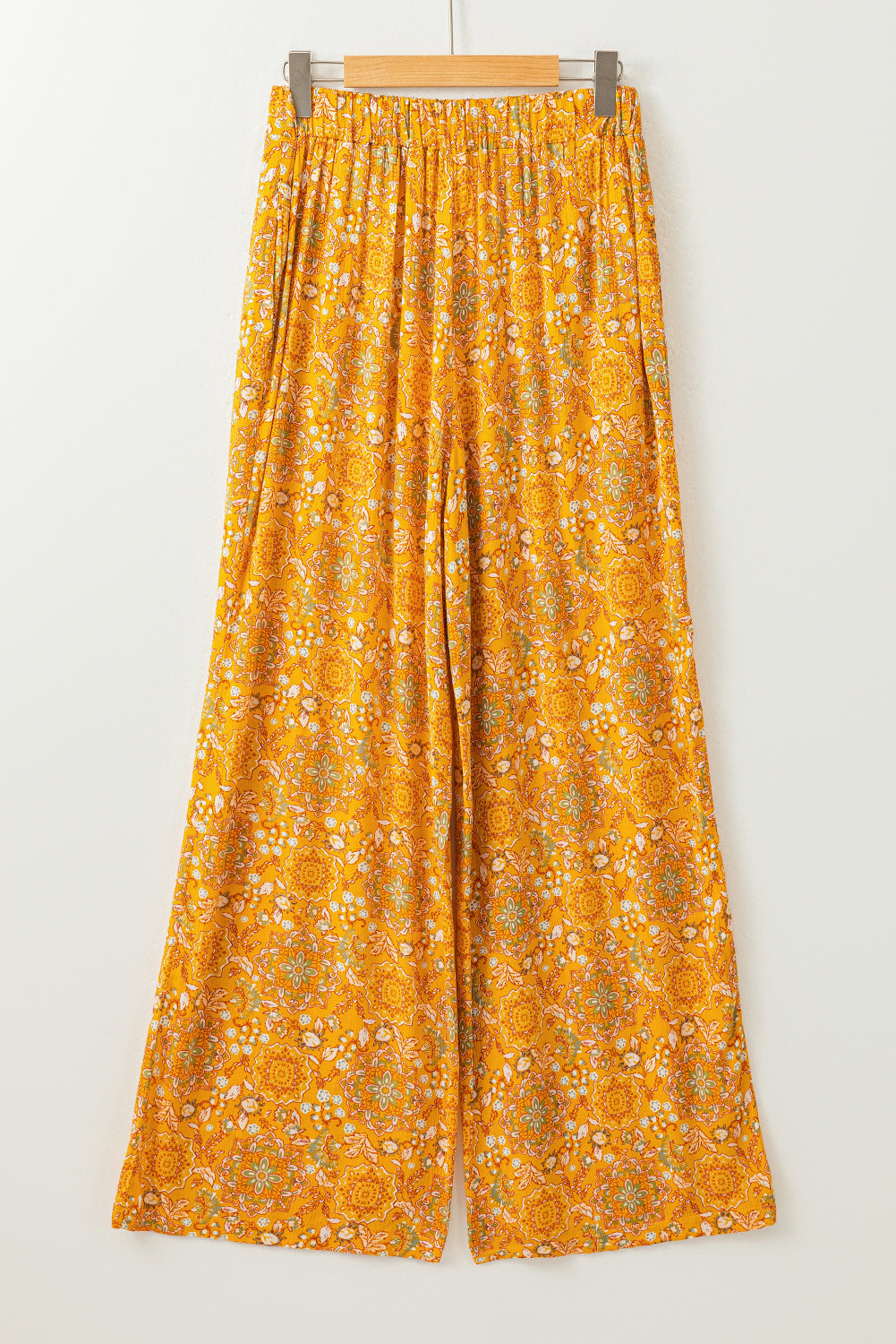 Bohemian Floral Print Pocketed Wide Leg Pants | Yellow