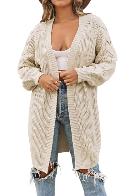 Open Front Cable Sleeve Long Cardigan | Khaki