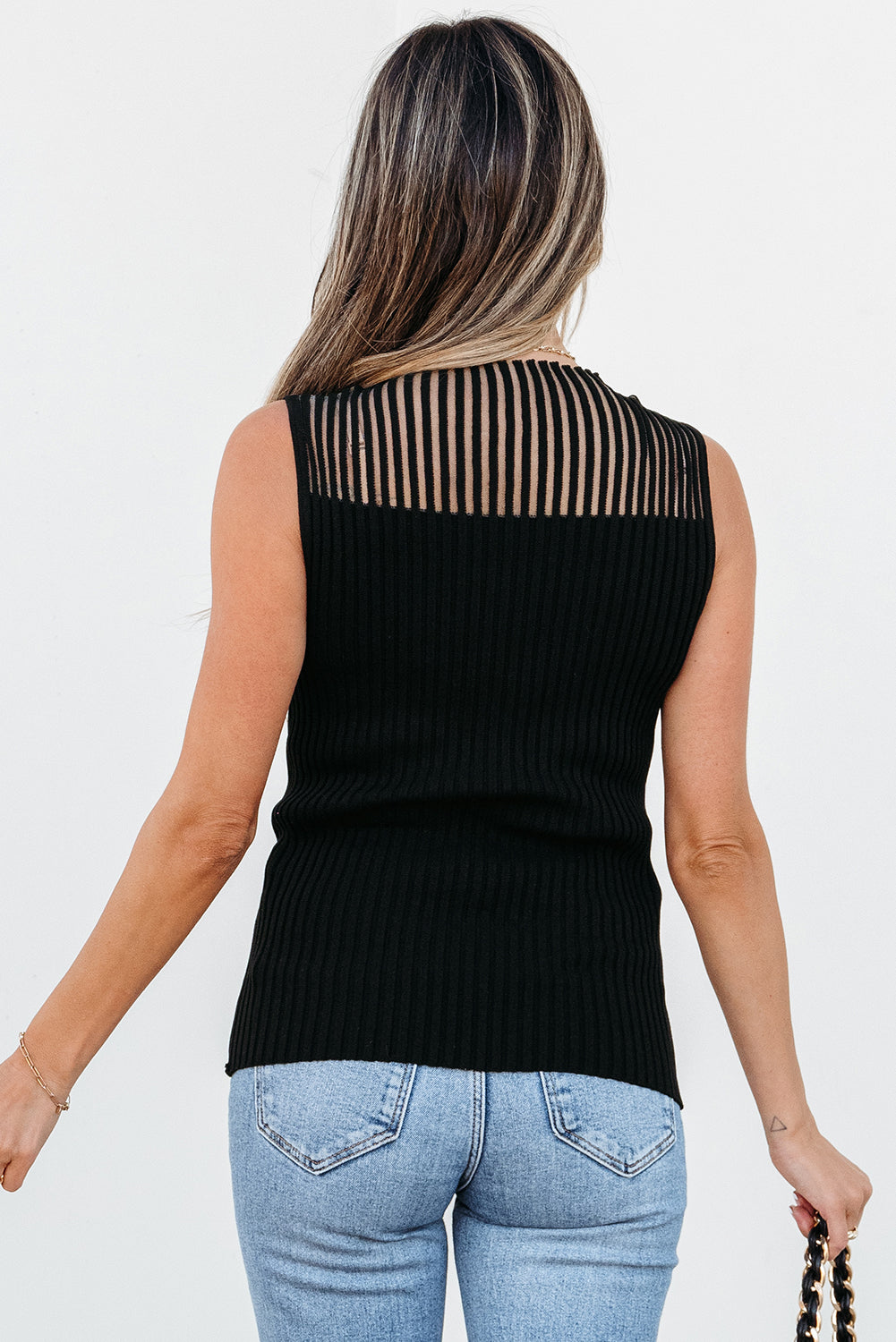 Ribbed Texture Mesh Cutout Knitted Sweater Vest | Black