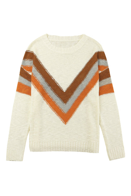 Chevron Striped Drop Shoulder Sweater | Beige