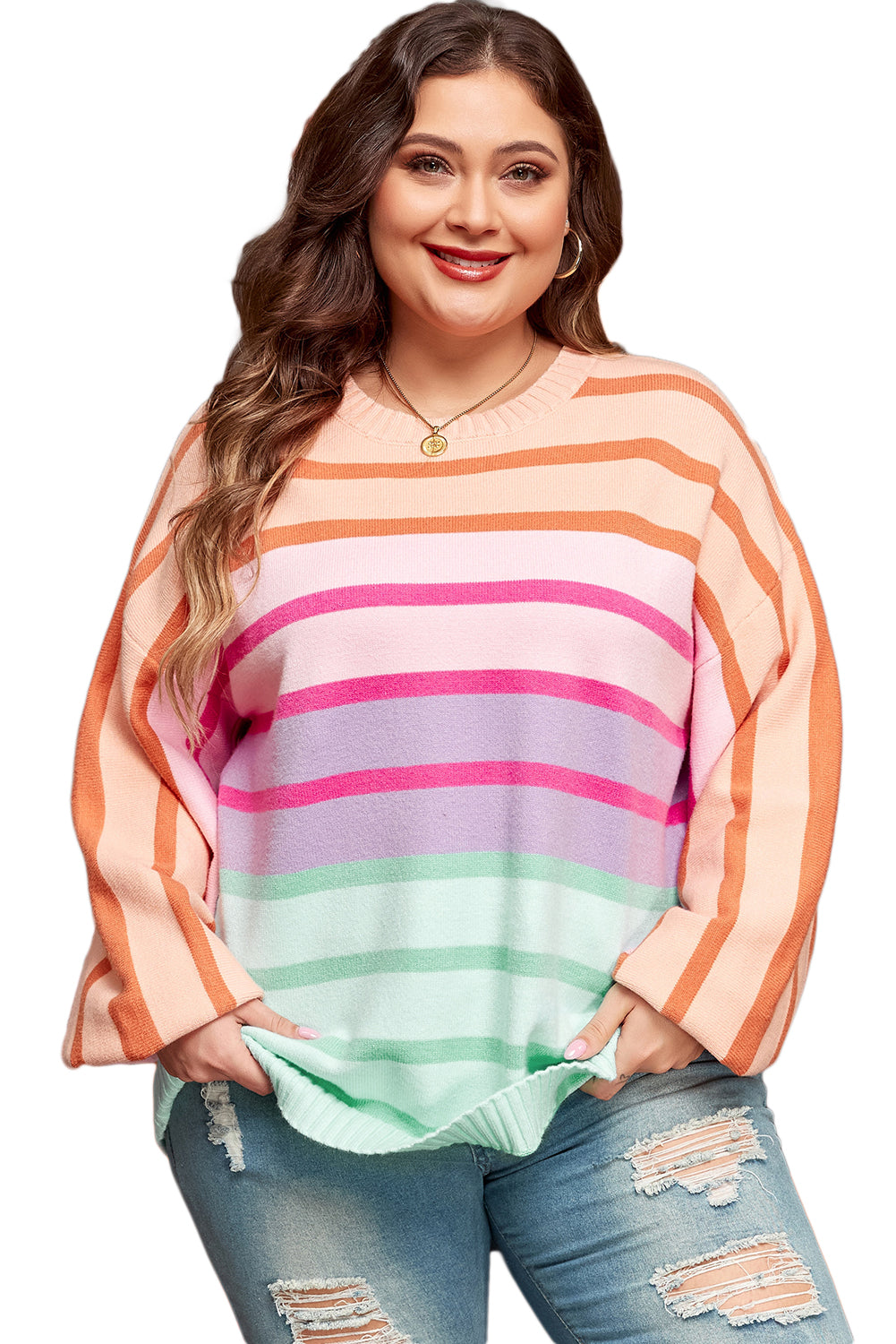 Colour Block Balloon Sleeve Crewneck Plus Size Sweater | Pink Stripe