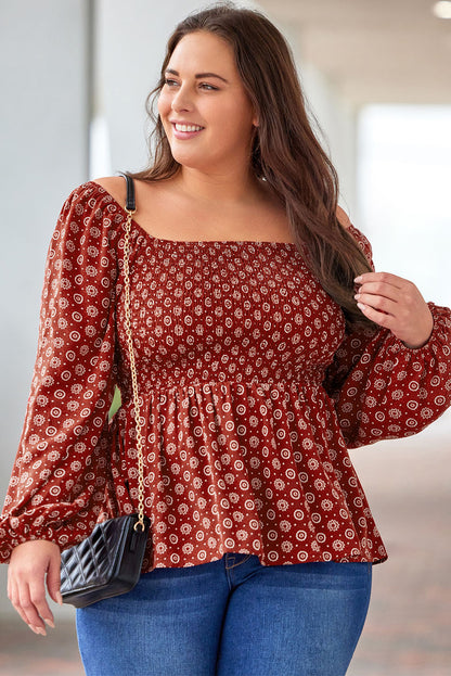 Fiery Red Plus Size Square Neck Printed Peplum Top