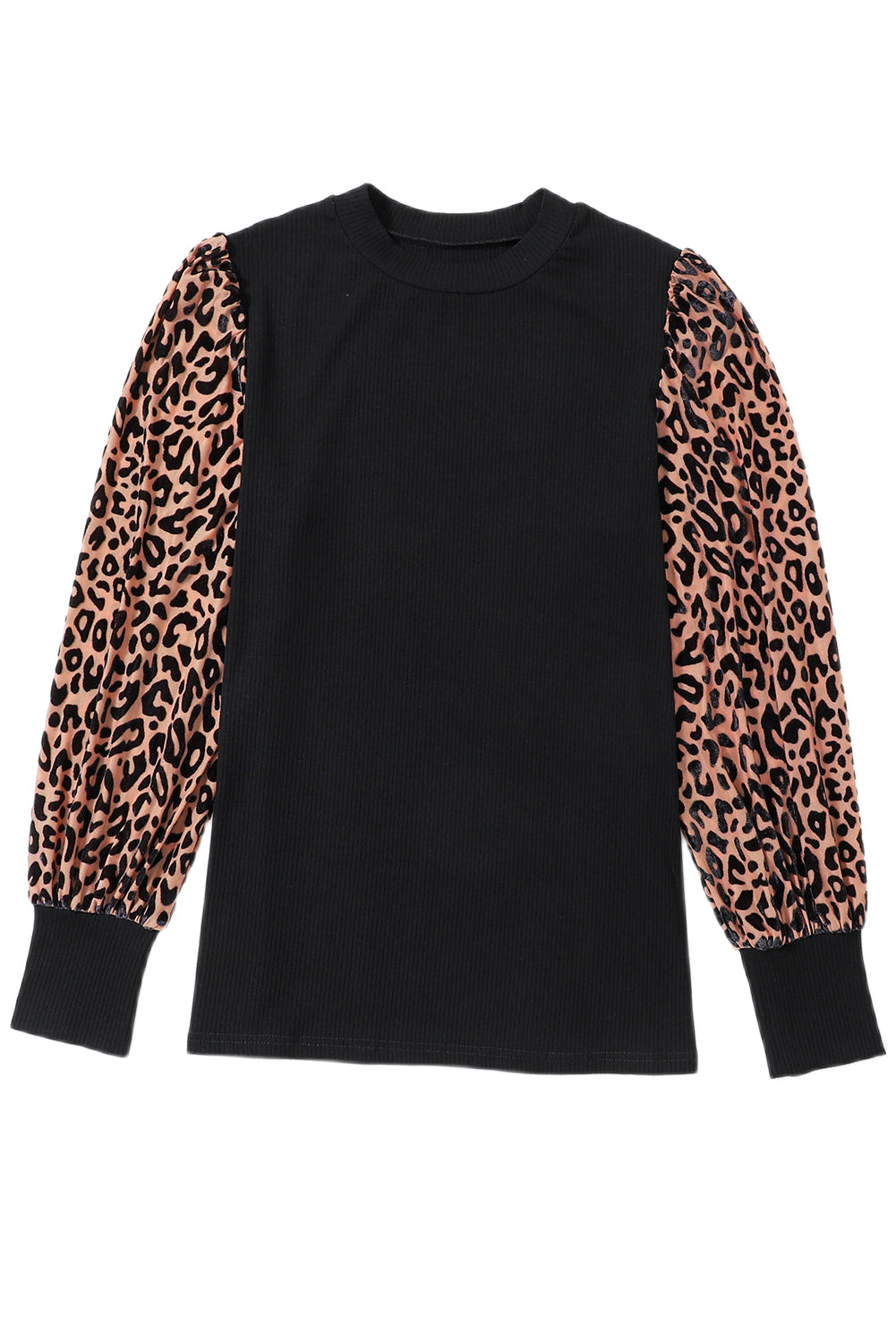 Leopard Print Long Sleeve Ribbed Knit Blouse | Black