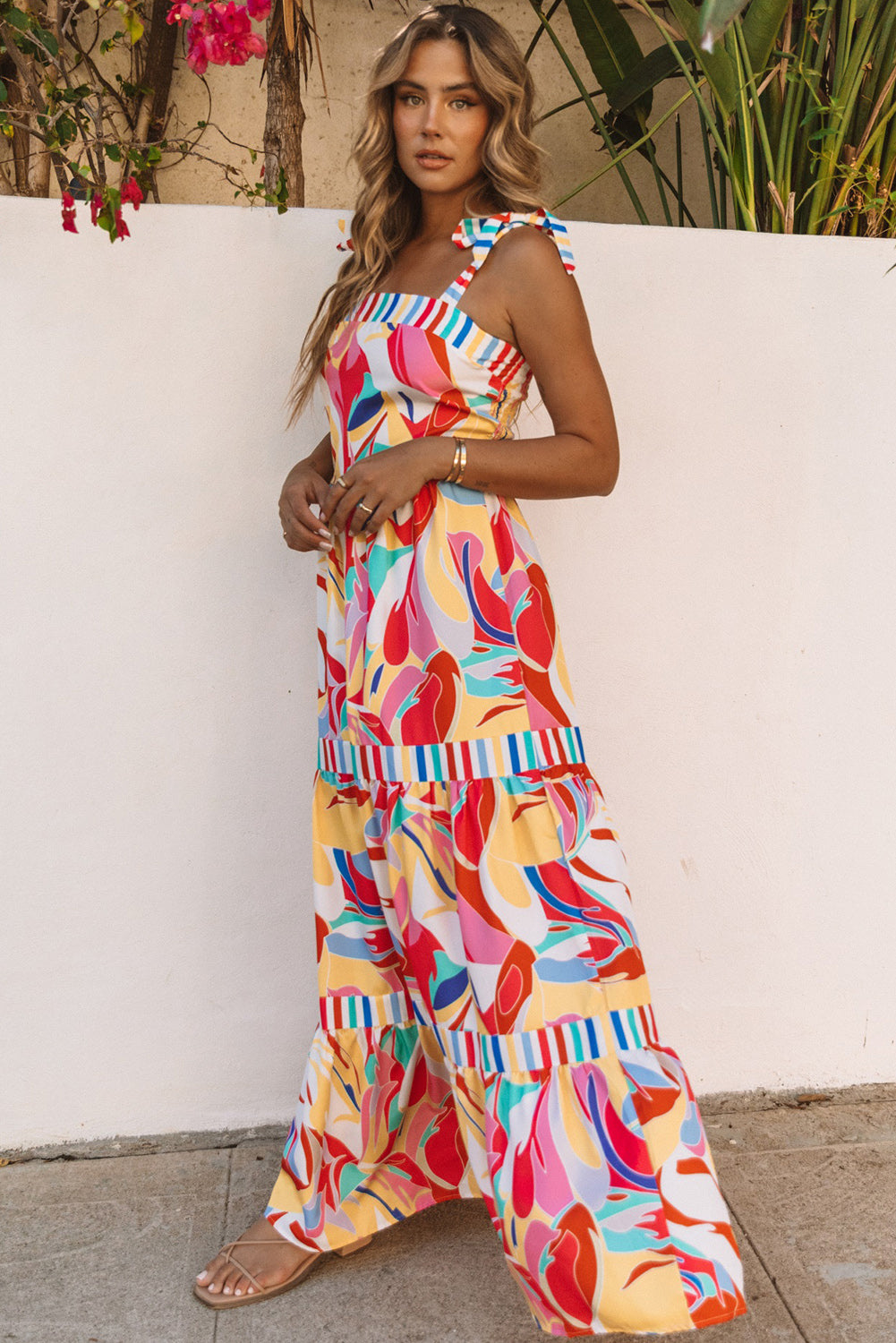 Abstract Print Striped Trim Maxi Sundress | Multicolour