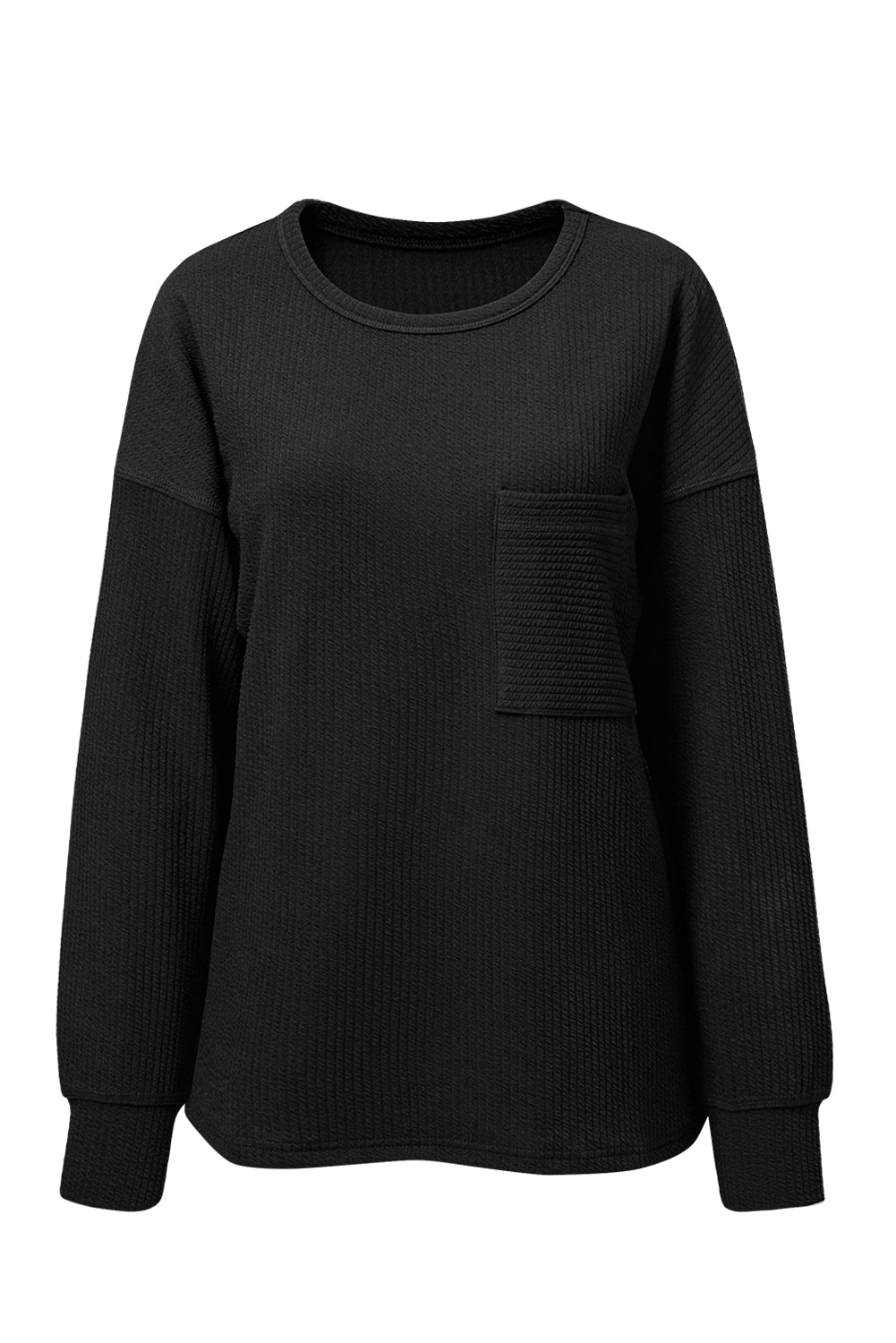 Solid Colour Corded Drop Shoulder Long Sleeve Top | Black