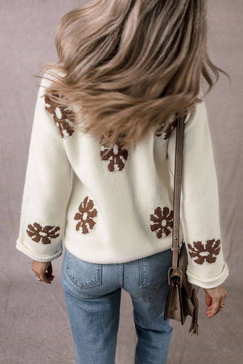 Colourblock Floral Pattern Round Neck Sweater | White