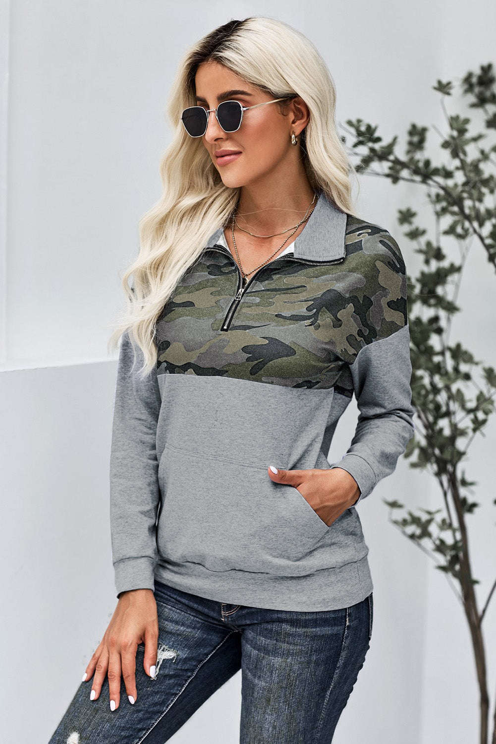 Camo Splice Gray Kangaroo Pocket Zip Collar Sweatshirt | Green