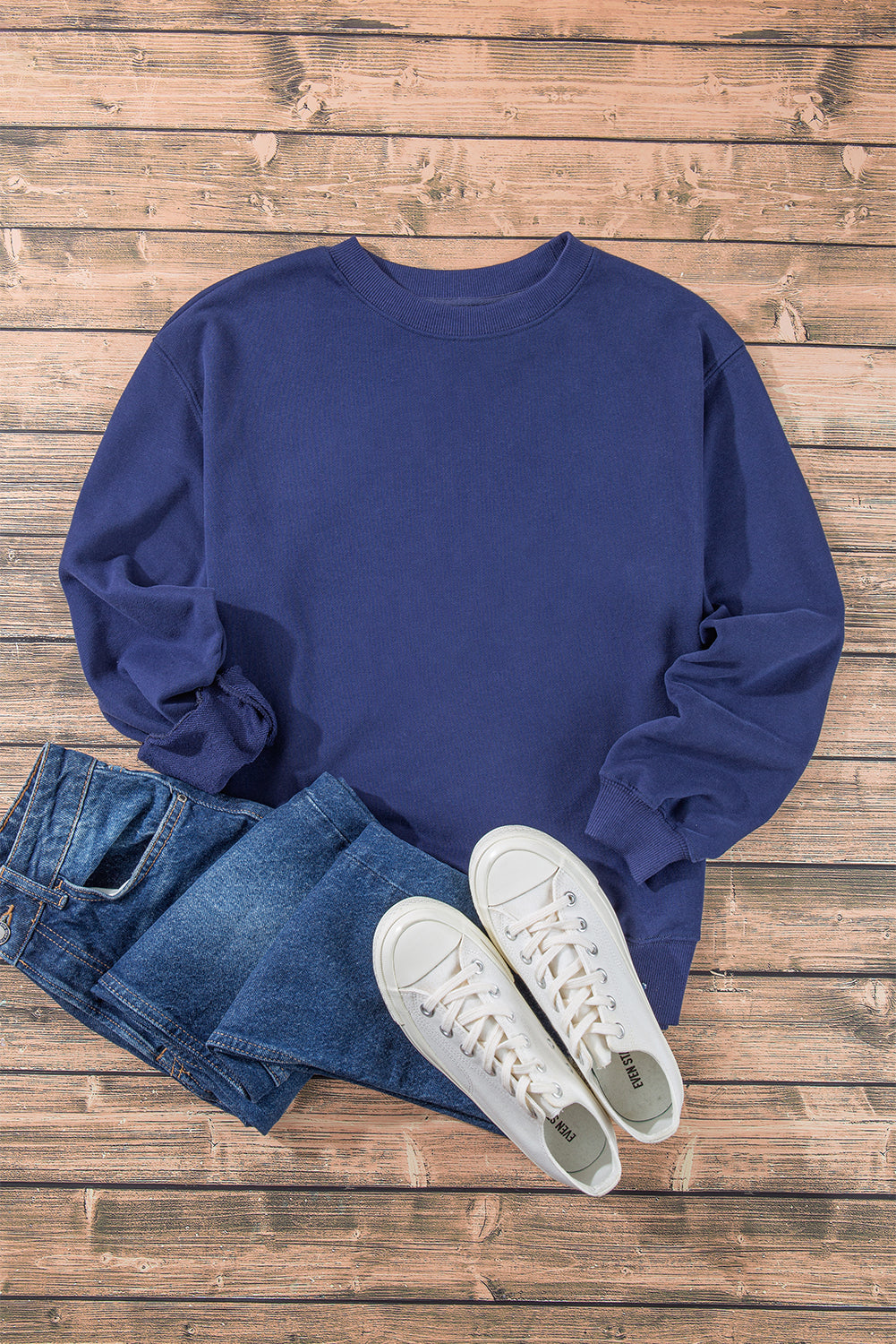 Plain Drop Shoulder Crewneck Pullover Sweatshirt | Navy Blue