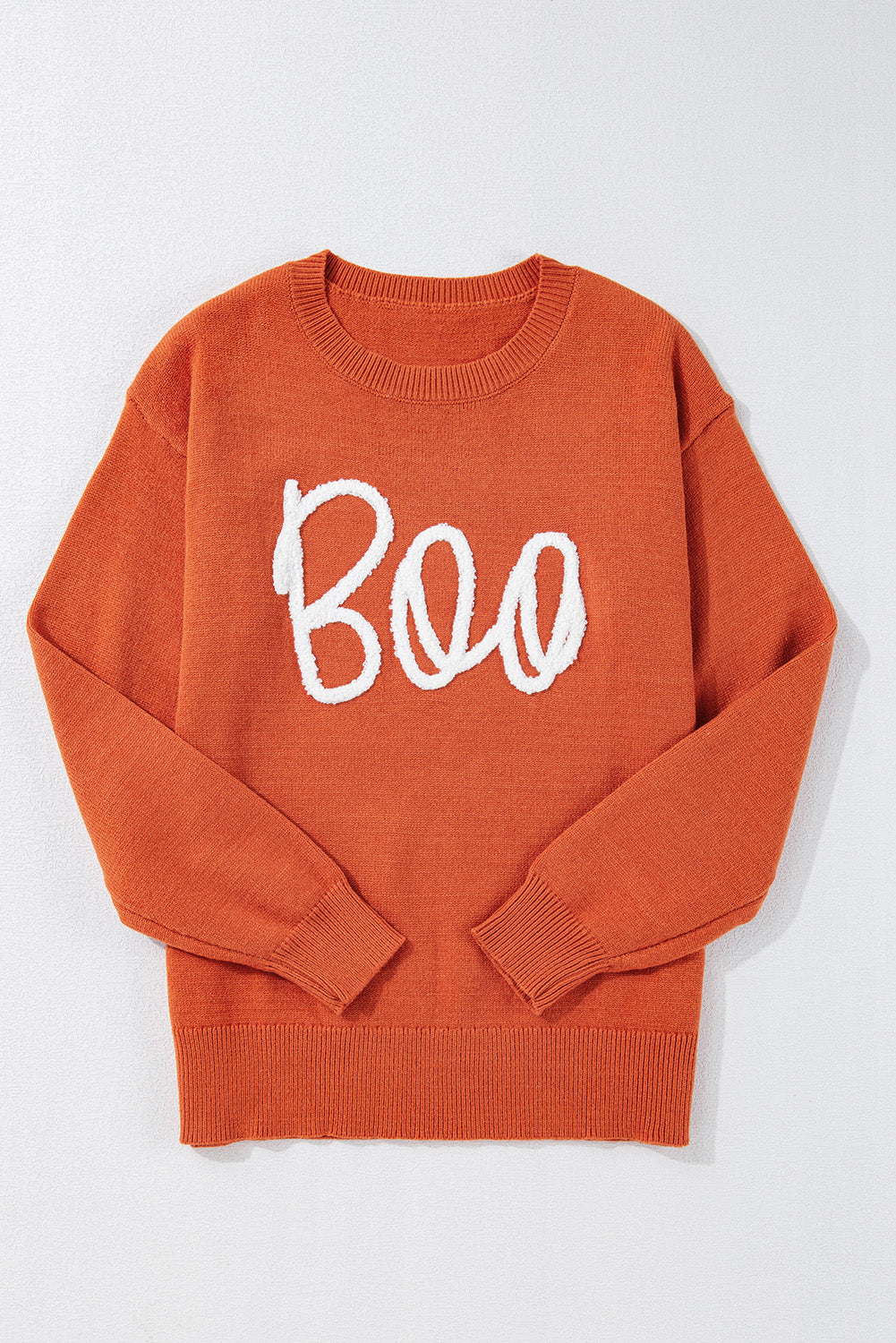 Boo Knitted Pattern Ribbed Edge Drop Shoulder Sweater | Orange