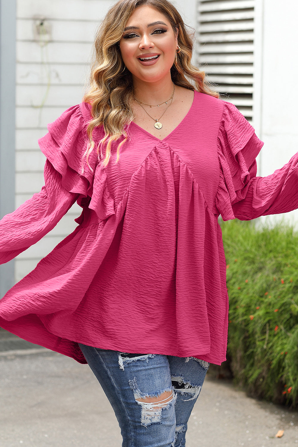 Crinkle Ruffled V Neck Plus Size Blouse | Pink