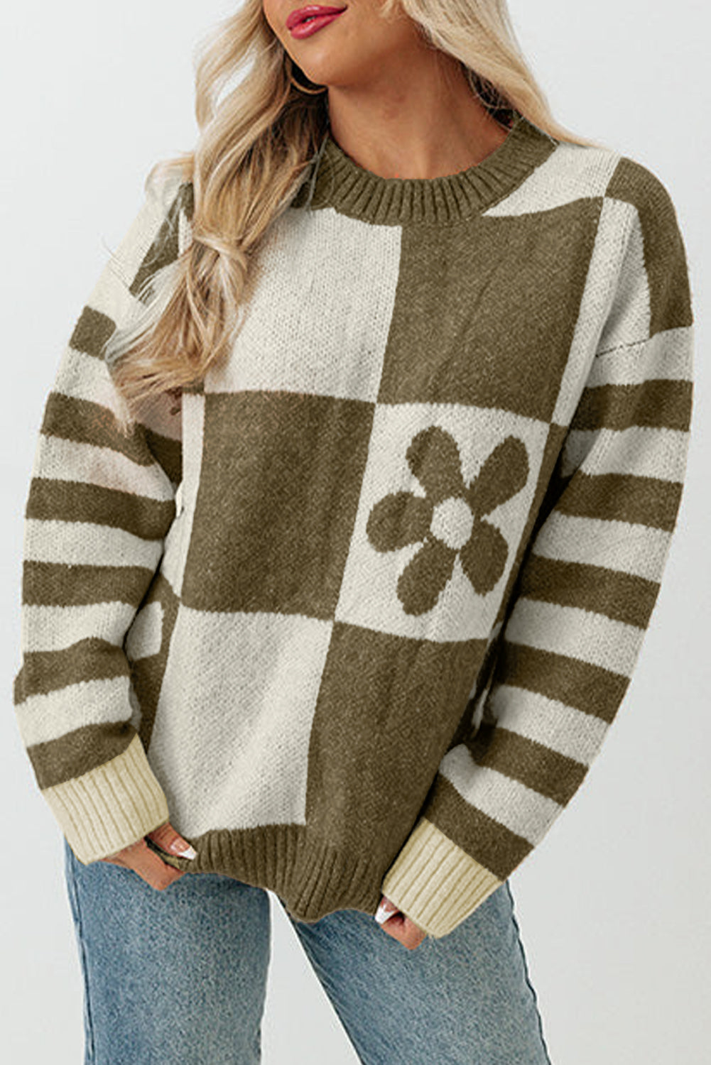 Green Checkered Floral Print Striped Sleeve Sweater | Mist Green