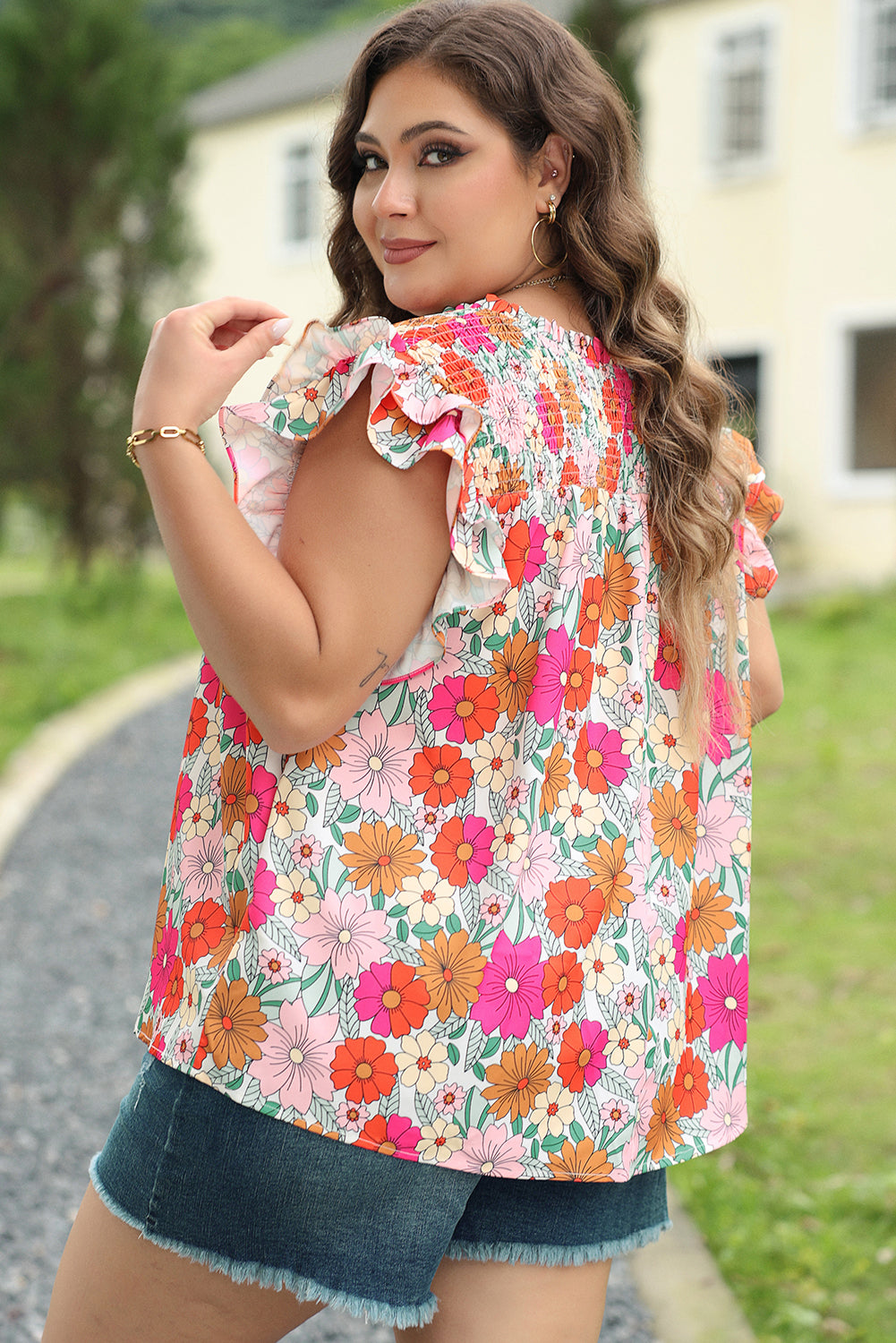 Plus Floral Notched Neck Ruffle Sleeve Blouse | Multicolour