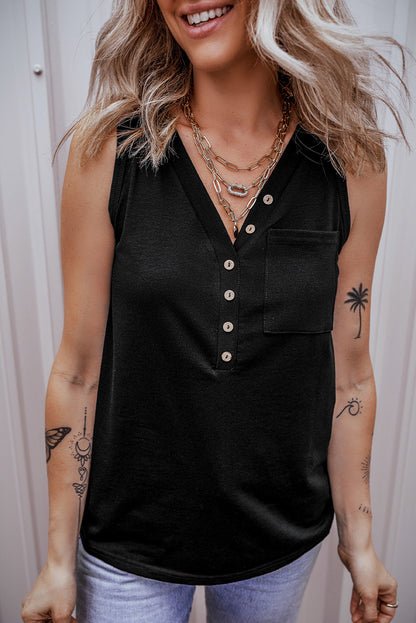 Half Button V Neck Patched Pocket Tank Top | Black