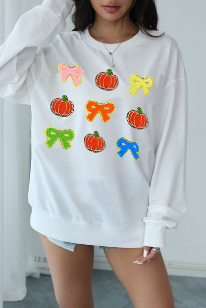 Chenille Bowknot Pumpkin Graphic Thanksgiving Sweatshirt | White