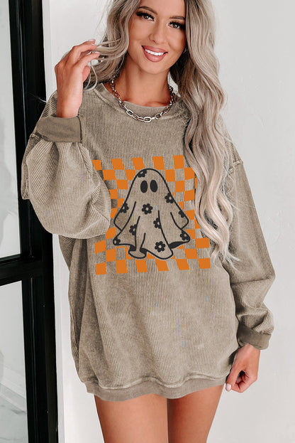 Checkerboard Floral Ghost Graphic Corded Halloween Sweatshirt | Khaki