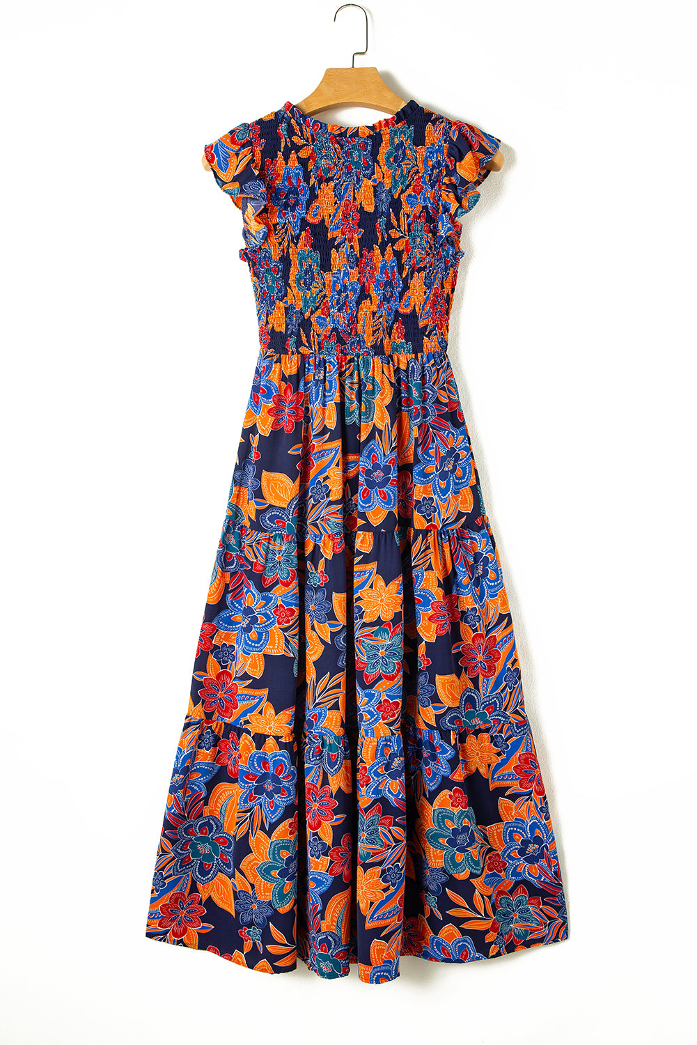 Boho Floral V Neck Ruffle Tiered Long Dress | Dark Blue