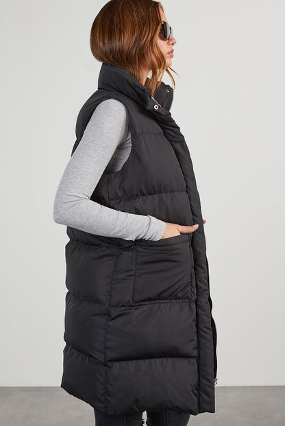 Windproof Longline Full Zipper Puffer Vest With Pockets | Black