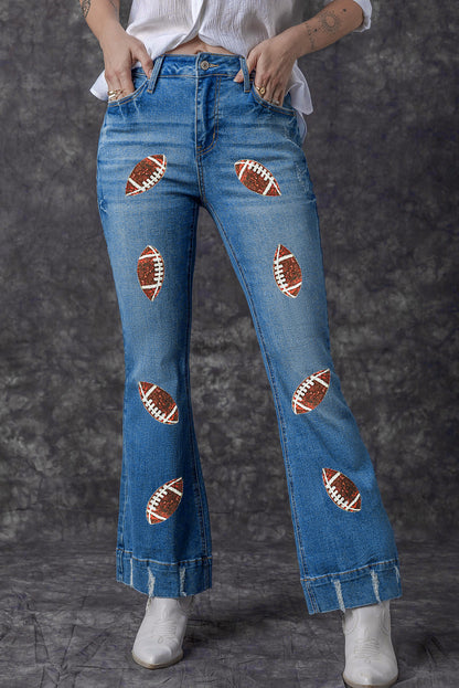 Sequin Rugby Football Pattern High Waist Distressed Flare Jeans | Sky Blue