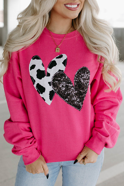 Cow & Sequin Double Heart Patch Graphic Sweatshirt | Strawberry Pink