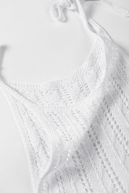 Tie Straps Wave Stripes Textured Eyelet Knitted Vest | White