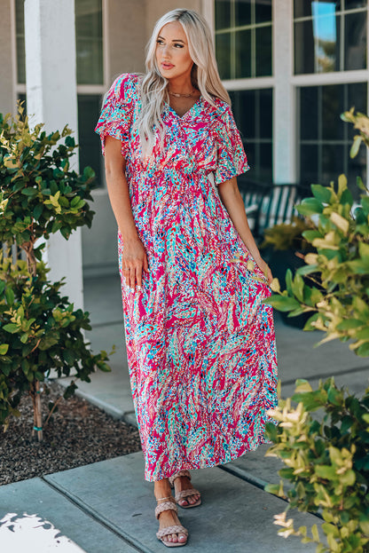 Wrap V Neck Floral Maxi Dress | Red