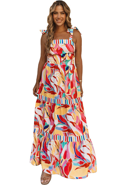 Abstract Print Striped Trim Maxi Sundress | Multicolour