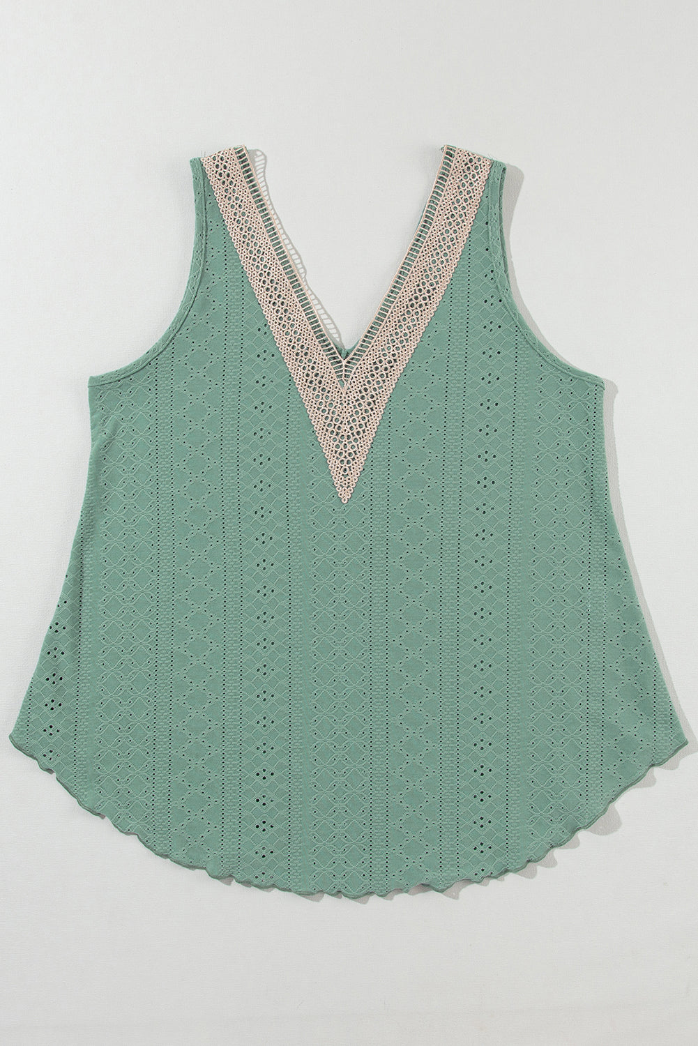 Lace Crochet Splicing V Neck Loose Fit Tank Top | Mist Green