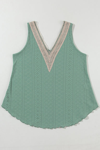 Lace Crochet Splicing V Neck Loose Fit Tank Top | Mist Green