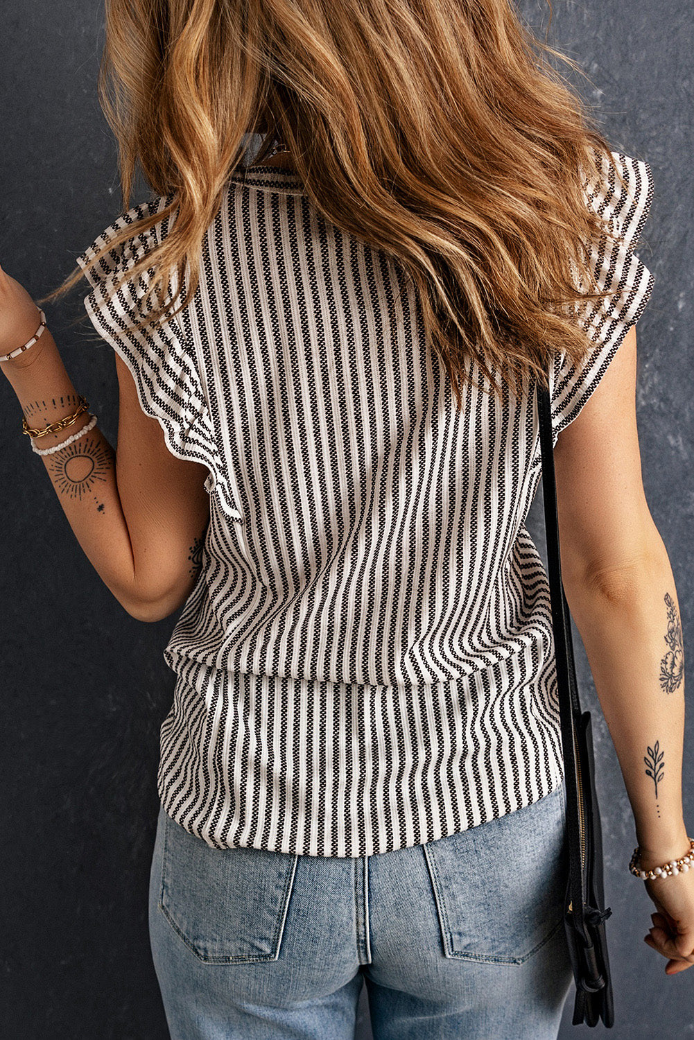 Crew Neck Ruffled Striped Tank Top | Gray