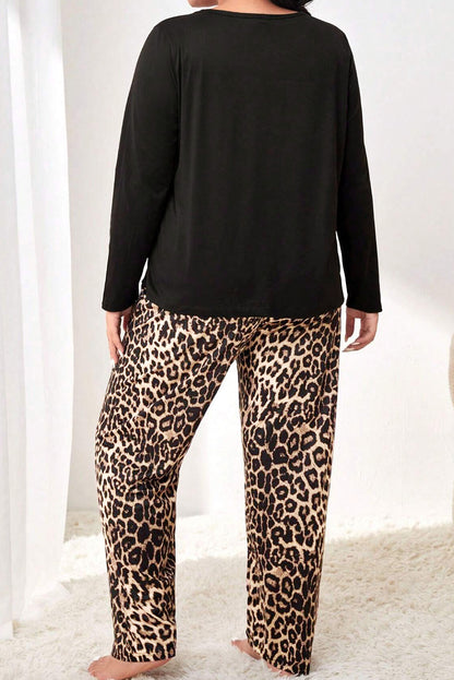 Leopard Patched Pocket Long Sleeve Top Plus Size Pants Set | Black