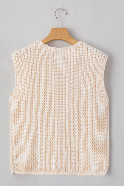 Solid Textured Knit Side Pockets Buttoned Sweater Vest | White