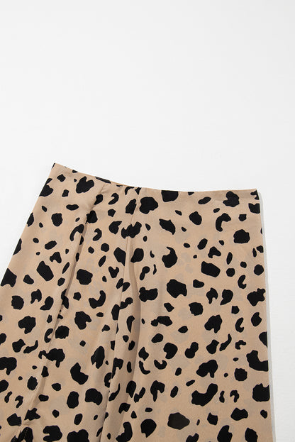 Leopard Spots Printed Split Hem Midi Skirt | Khaki