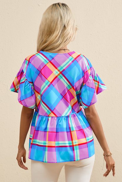 Colourful Plaid V Neck Ruffled Short Sleeve Babydoll Top | Sky Blue