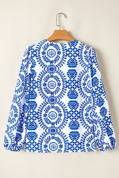 Vintage Geometric Printed Puff Sleeve Slit V Neck Shirt | Sky Blue