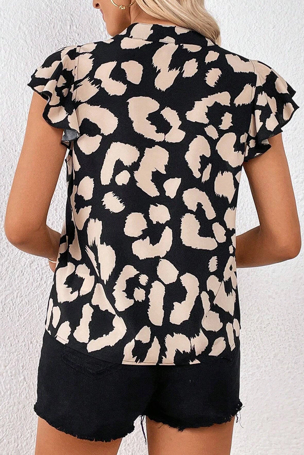 Leopard Ruffled Flutter Sleeve Split Neck Blouse | Black