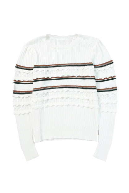 Striped Ribbed Scalloped Detail Knit Sweater | White