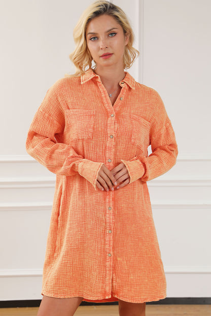 Crinkled Dual Chest Pocket Oversized Shirt Dress | Orange