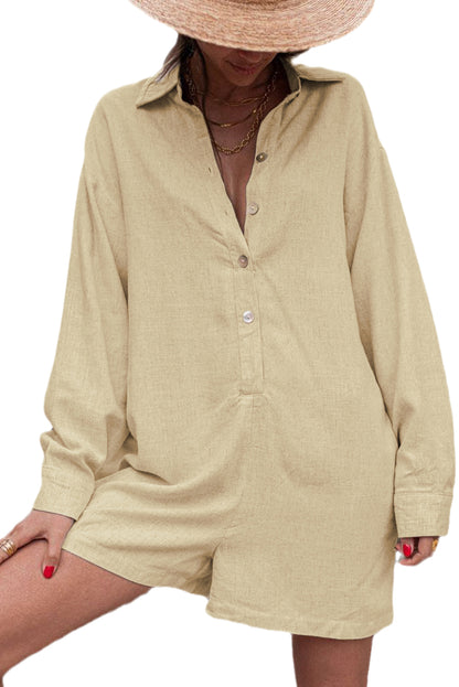 Half Button Shirt Collar Long Sleeve Loose Romper | Beige