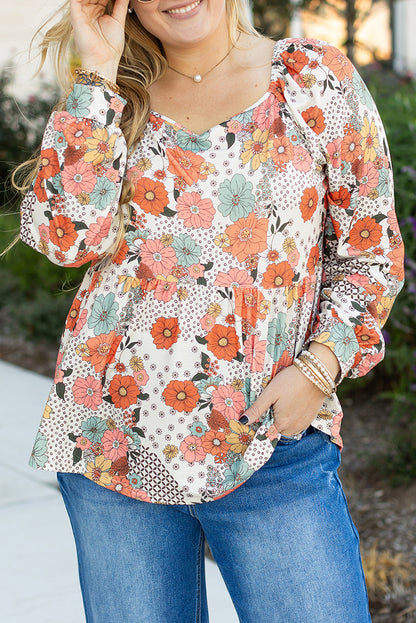 Plus Size Flower Print Square Neck Peplum Blouse | Khaki