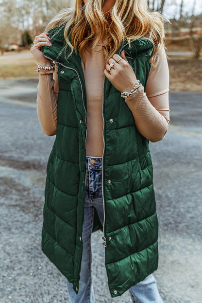 Hooded Long Quilted Vest Coat | Green