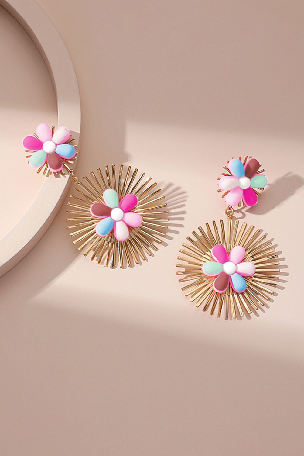 Colourful Flower Gold-Pleated Dangle Earrings | Red