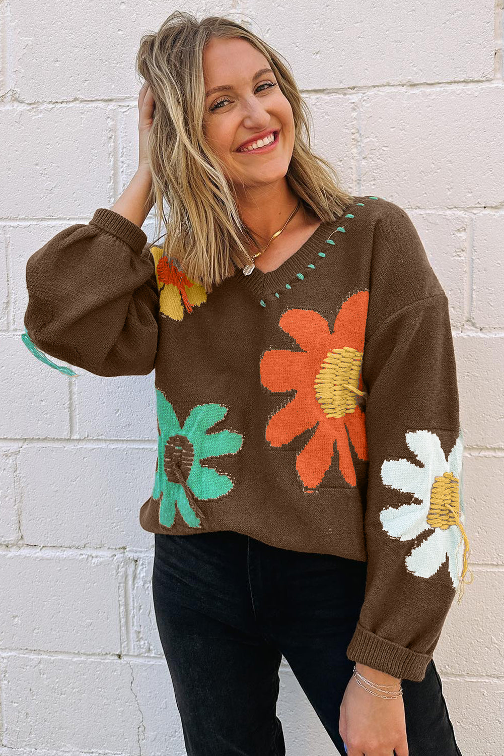 Big Flower Pattern V Neck Drop Shoulder Sweater | Coffee