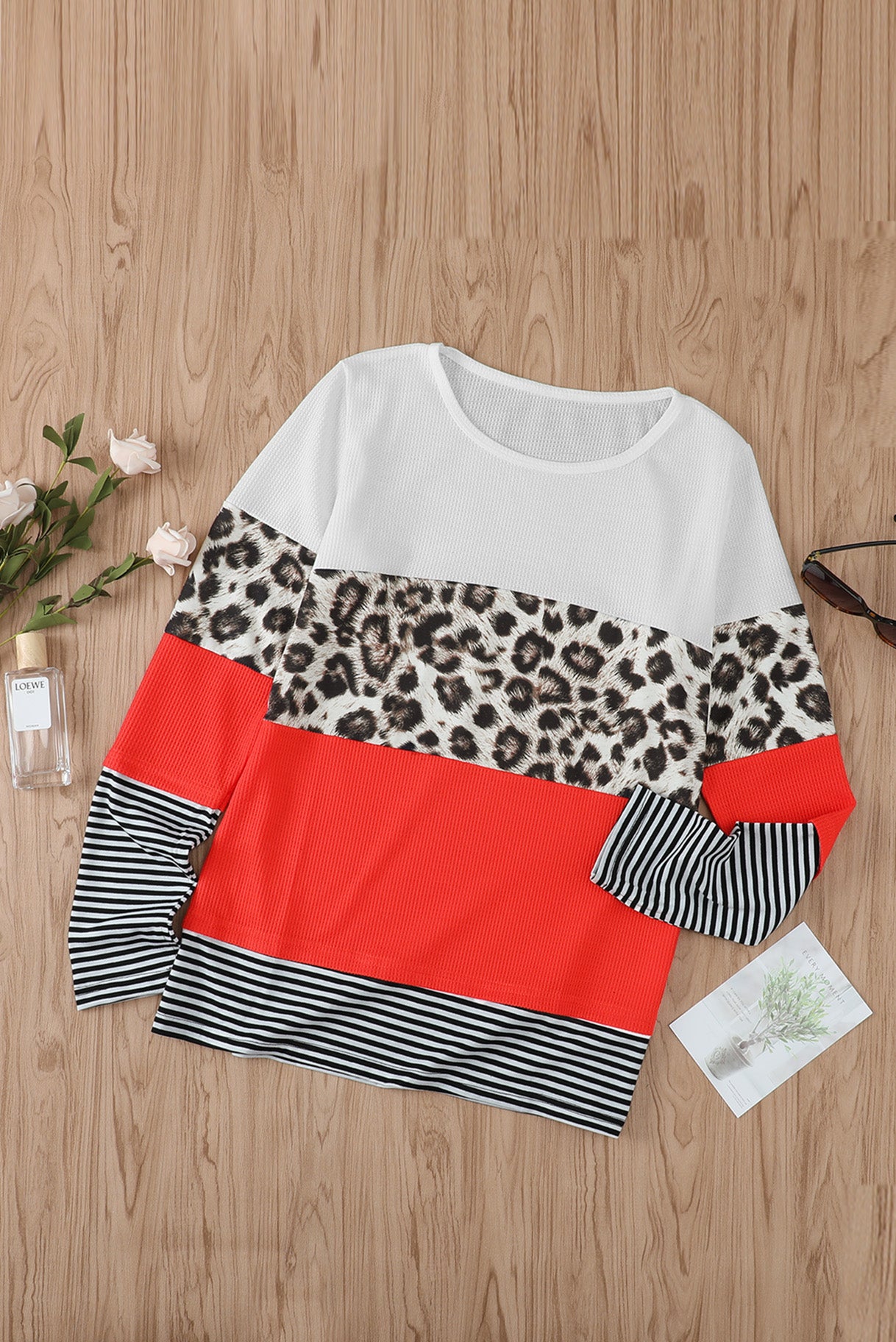 Stripes Leopard Splicing Colourblock Long Sleeve Top | Orange